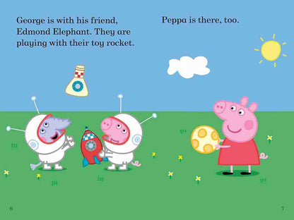 Illustration from a children's book showing George, Edmond Elephant, and Peppa Pig playing with toy rocket and balloon.