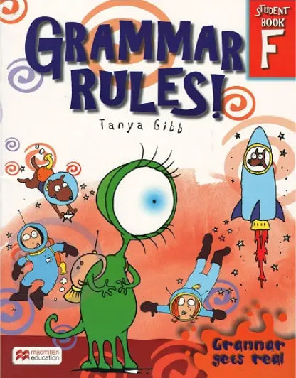 Book cover of 'Grammar Rules!' with cartoon characters on a colorful background