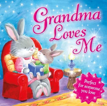 Book cover titled 'Grandma Loves Me' with two rabbits on a couch, featuring a pink starry background.