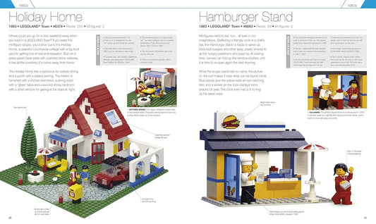 A printed catalog or booklet page showing two LEGO toy builds: a holiday home on the left and a hamburger stand on the right, each with text, small photos, and labeled brick elements on a white page.