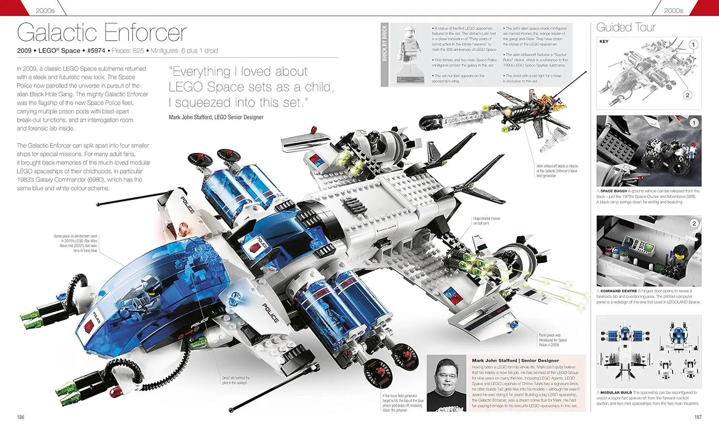 A printed LEGO Space magazine spread featuring the Galactic Enforcer spaceship set. The left page shows the assembled blue, white, and black spaceship with technical specifications and text, while the right page includes a guided tour of the set with smaller detail photos.