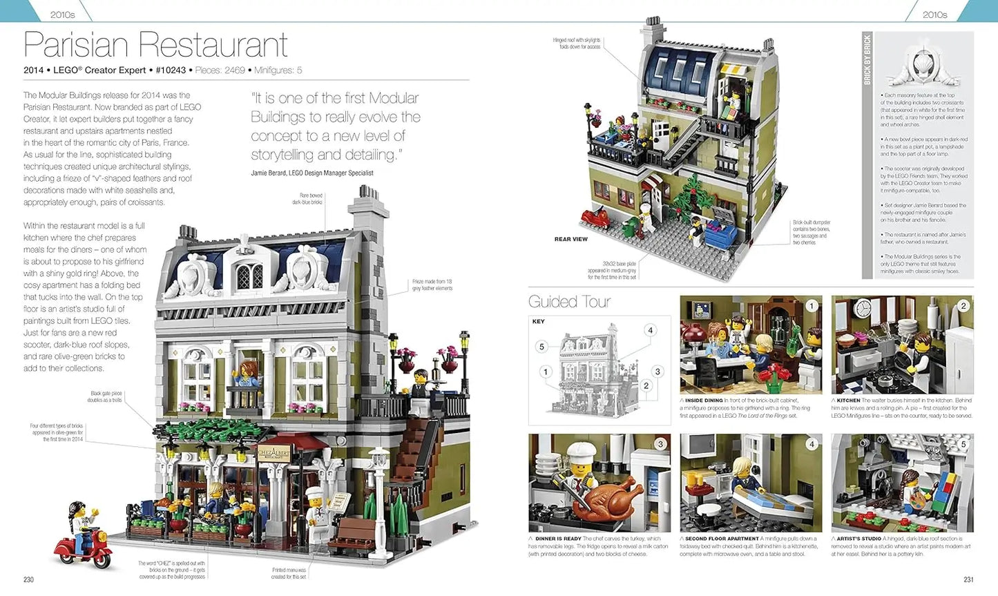 LEGO Parisian Restaurant set with detailed views and illustrations in a magazine layout.