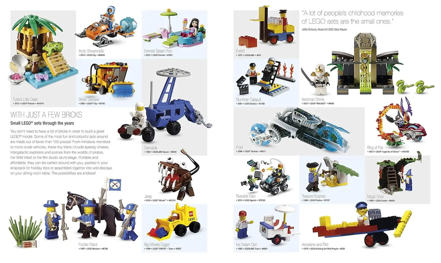 A printed page featuring many small LEGO toy builds arranged in a collage with captions and text. The page includes vehicles, structures, minifigures, and themed sets on a white background.