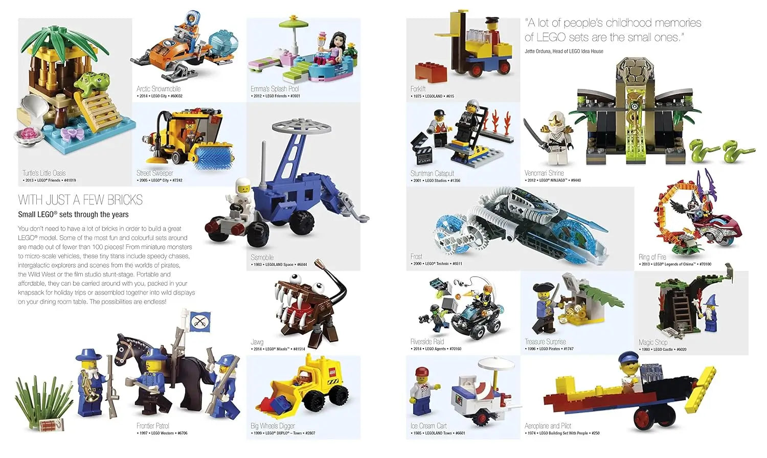A printed page featuring many small LEGO toy builds arranged in a collage with captions and text. The page includes vehicles, structures, minifigures, and themed sets on a white background.