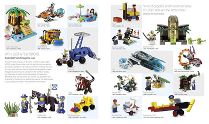 A printed page featuring many small LEGO toy builds arranged in a collage with captions and text. The page includes vehicles, structures, minifigures, and themed sets on a white background.