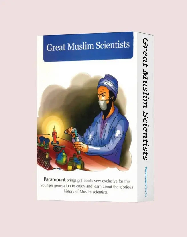A boxed book titled "Great Muslim Scientists" shown at a slight angle on a pale pink background. The front cover features an illustration of a historical scientist in blue clothing working at a table with glassware and candles, with additional text below.