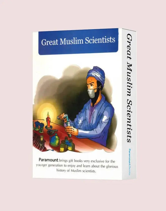 A boxed book titled "Great Muslim Scientists" shown at a slight angle on a pale pink background. The front cover features an illustration of a historical scientist in blue clothing working at a table with glassware and candles, with additional text below.