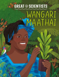 Book cover featuring Wangari Maathai with a green, nature-themed background