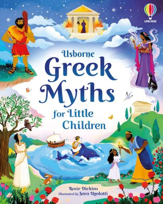 Book cover of 'Greek Myths for Little Children' with illustrations of Greek myths and characters.