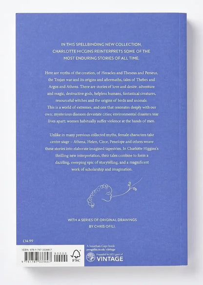 The back cover of a book titled 'Myths' by Charlotte Hicco, published by Vintage. The cover is a solid medium blue with white text detailing the book's contents, a barcode, and a Vintage logo at the bottom.