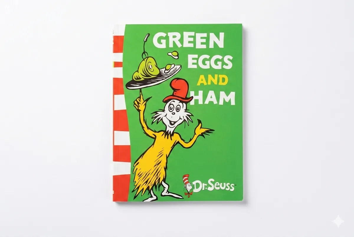 Book cover of 'Green Eggs and Ham' by Dr. Seuss with a green background and character illustration.