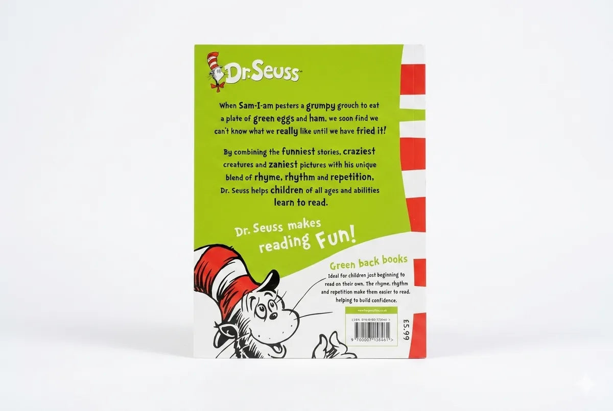 Back cover of a Dr. Seuss book with green background and red stripes