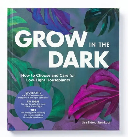 Book cover of 'Grow in the Dark' with leaf designs on a dark background