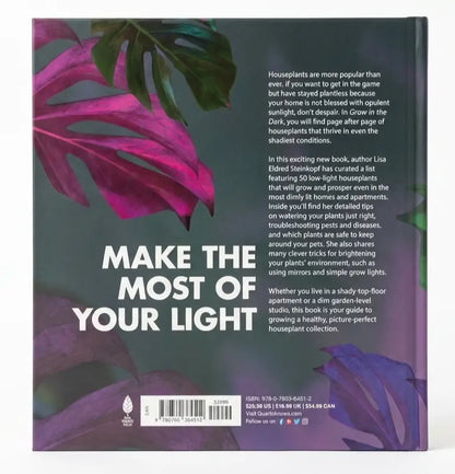 Book cover with houseplant leaves and text on a dark background