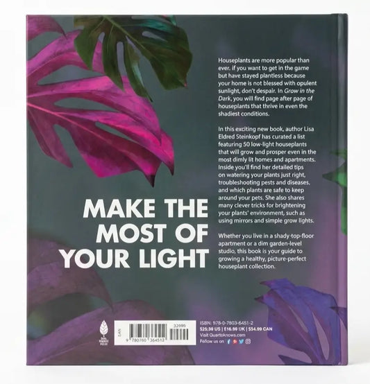 Book cover with houseplant leaves and text on a dark background