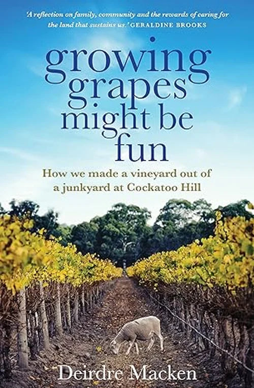 Book cover of 'Growing Grapes Might Be Fun' with a vineyard and sheep illustration.