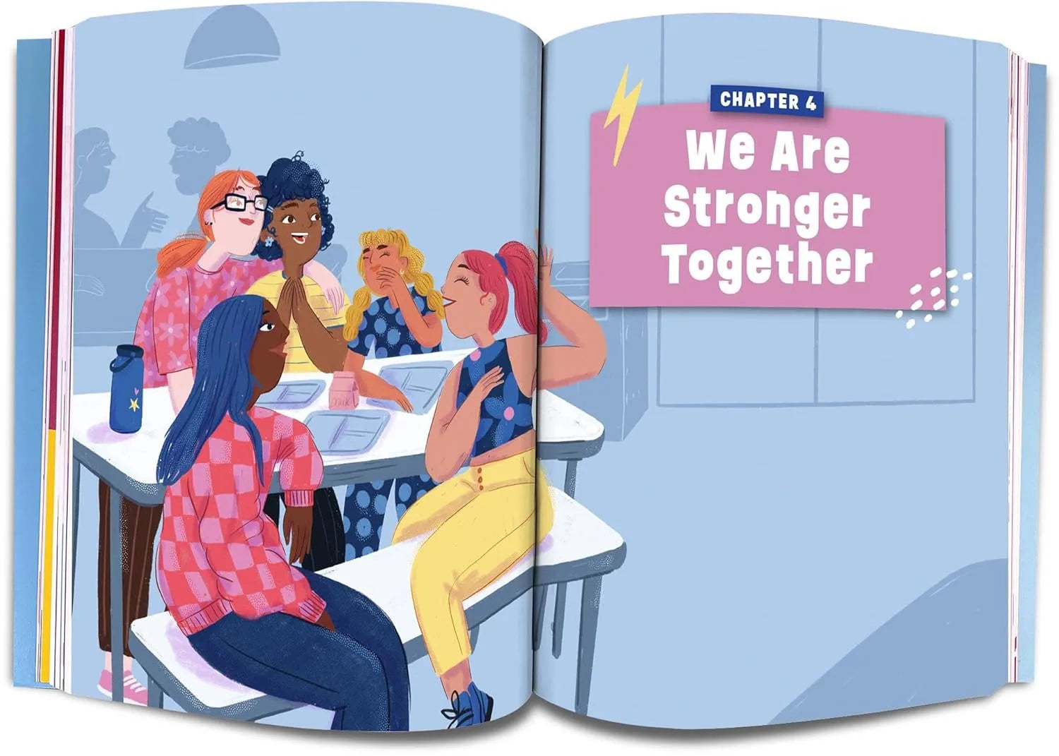 Illustrated book open to a page with children in a classroom and the text 'We Are Stronger Together'.