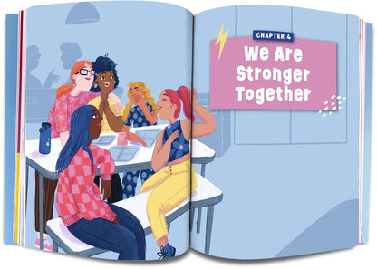Illustrated book open to a page with children in a classroom and the text 'We Are Stronger Together'.