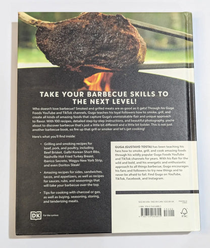 Back cover of a book with barbecue-themed text and imagery