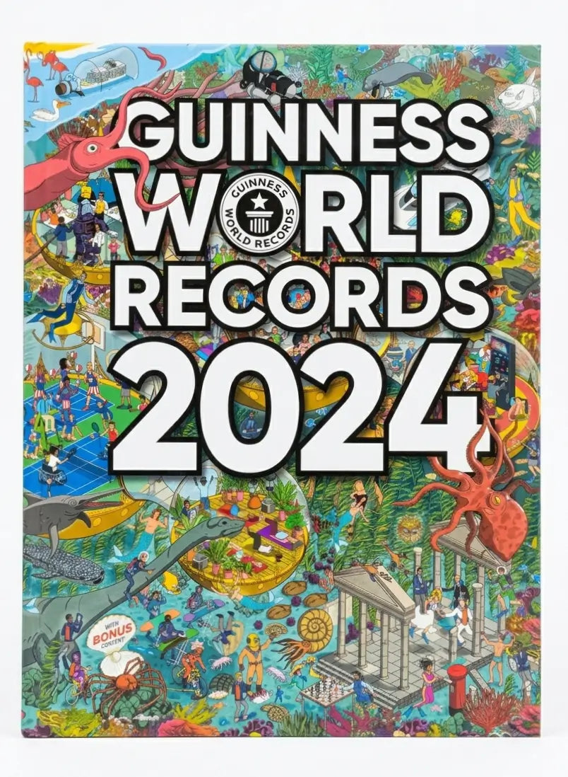 Guinness World Records 2024 book cover with colorful illustrations and text.