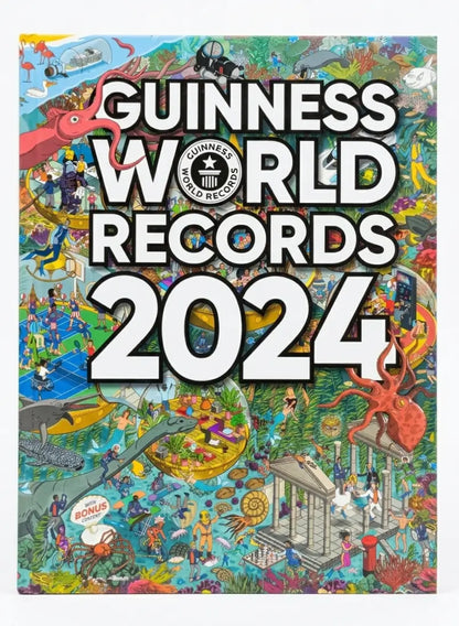 Guinness World Records 2024 book cover with colorful illustrations and text.