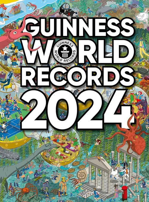 Cover of Guinness World Records 2024 with colorful illustrations and text.