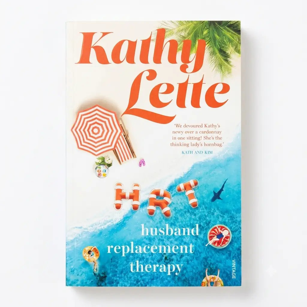 The book cover of 'HRT: husband replacement therapy' by Kathy Lette, featuring a beach-themed illustration with a red-and-white striped umbrella, palm leaves, and blue ocean water.