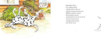 Illustration of a Dalmatian dog rolling on sand with text on a white background