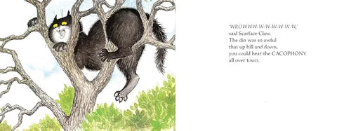 Illustration of a cat in a tree with text on a white background