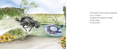 Illustration of a horse running through a garden with text on a white background