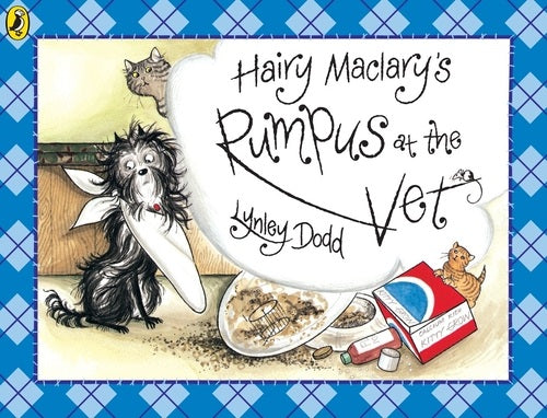 Book cover of 'Hairy Maclary's Rum-Pus at the Vet' with a cartoon dog and cat on a blue checkered background.