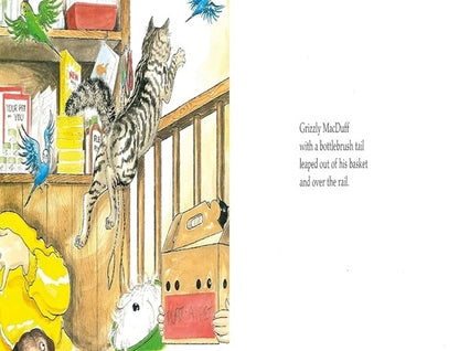 Illustration of a cat leaping from a shelf with books and toys, into a room with a dog and parrot.