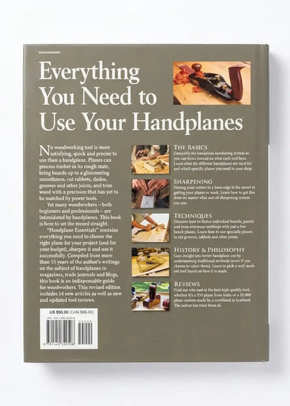 The back cover of a book titled 'Everything You Need to Use Your Handplanes' shown against a plain white background. The cover is a muted taupe-brown color with white text and several small color photographs depicting woodworking and handplane use.