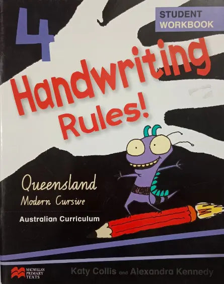 Book titled 'Handwriting Rules! Queensland Modern Cursive' with a cartoon character on the cover.