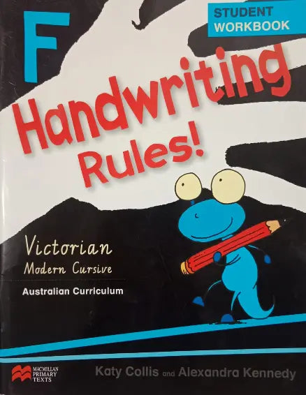 Handwriting workbook cover with a cartoon character holding a pencil, titled 'Handwriting Rules!'.