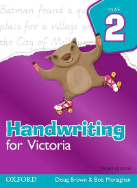 Book cover of 'Handwriting for Victoria' Year 2 with a cartoon animal on a purple background