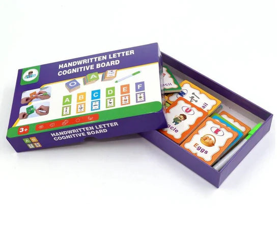 Handwritten letter cognitive board with cards and packaging on a white background