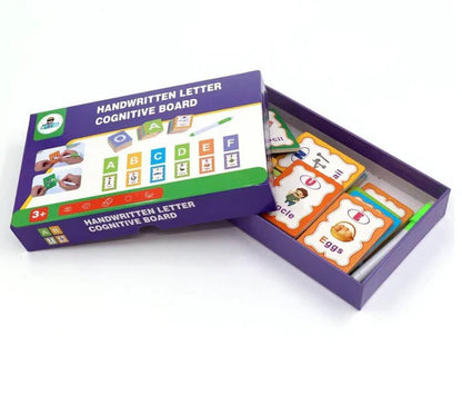 Handwritten letter cognitive board with cards and packaging on a white background