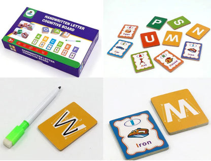 Handwritten letter cognitive board with cards, marker, and packaging on a white background