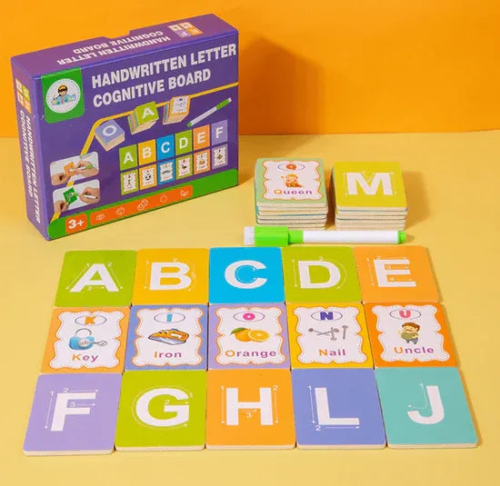 Handwritten letter cognitive board with alphabet tiles and packaging on a yellow background