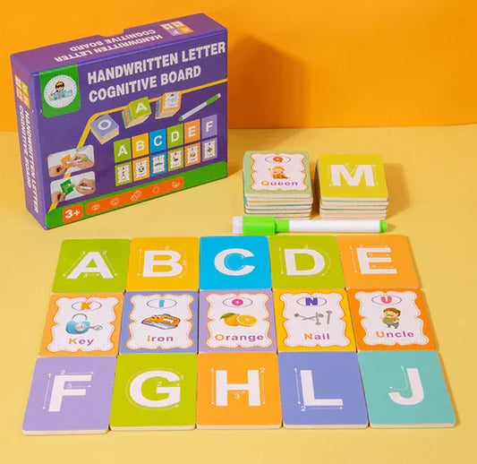 Handwritten letter cognitive board with alphabet tiles and packaging on a yellow background
