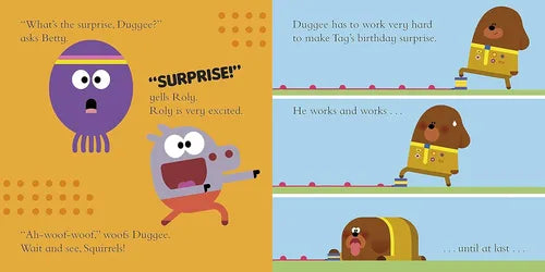 Comic strip with cartoon characters and text on a yellow and blue background