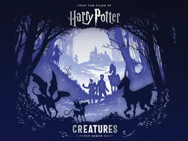 Silhouette scene from 'Harry Potter' with characters and creatures in a forest setting.