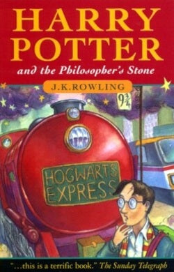 Book cover of 'Harry Potter and the Philosopher's Stone' with Hogwarts Express and Harry Potter illustration.