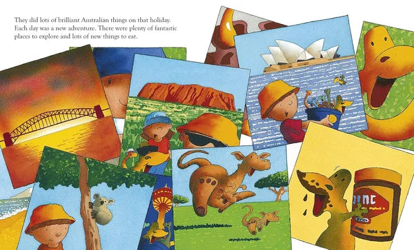 Illustrated book or magazine spread with Australian-themed images including the Sydney Opera House, kangaroos, and a lollipop.