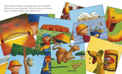 Illustrated book or magazine spread with Australian-themed images including the Sydney Opera House, kangaroos, and a lollipop.