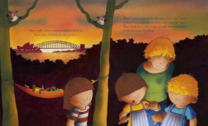 Illustration of children in a forest with a city skyline in the background