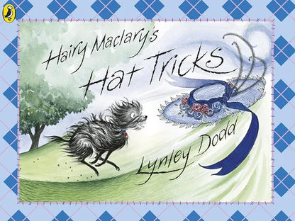 Book cover of 'Hairy Maclary's Hat Tricks' by Lynley Dodd with a dog and hat illustration.