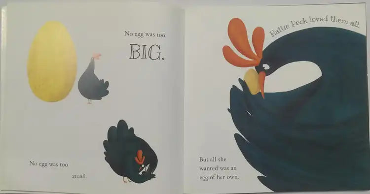Illustrated book page with chickens and an egg, featuring text about a rooster named Bettee Peck.