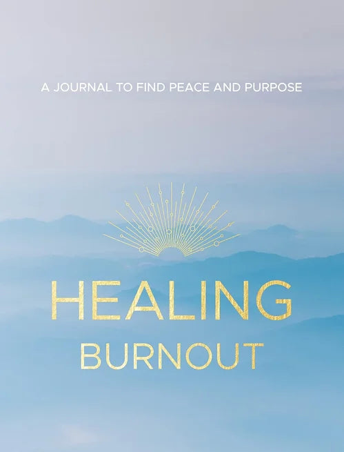 Journal cover with mountain landscape and text 'Healing Burnout' on a blue gradient background